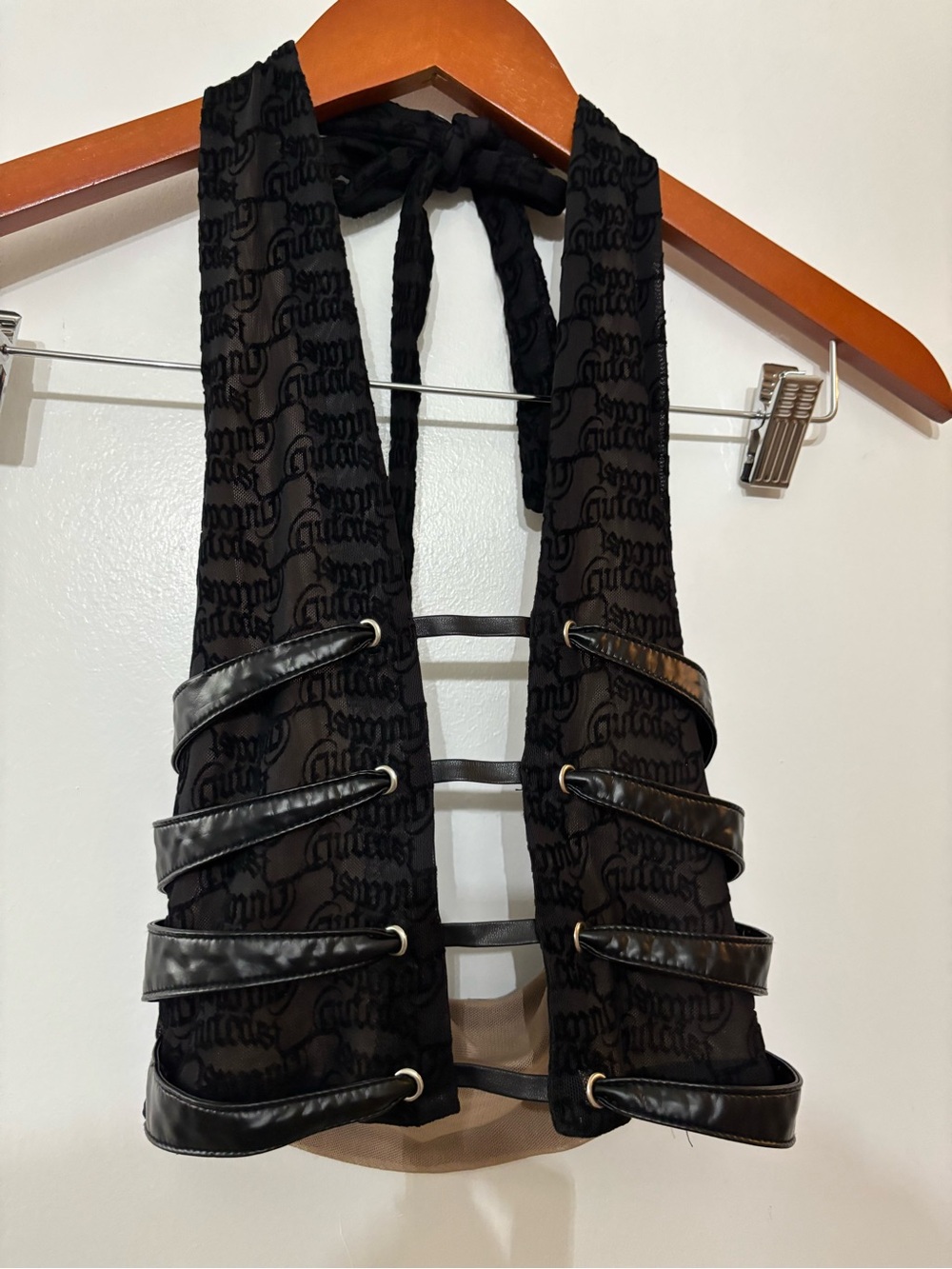 Black Mesh Faux Leather Halter Vest Size XXS Grunge Goth